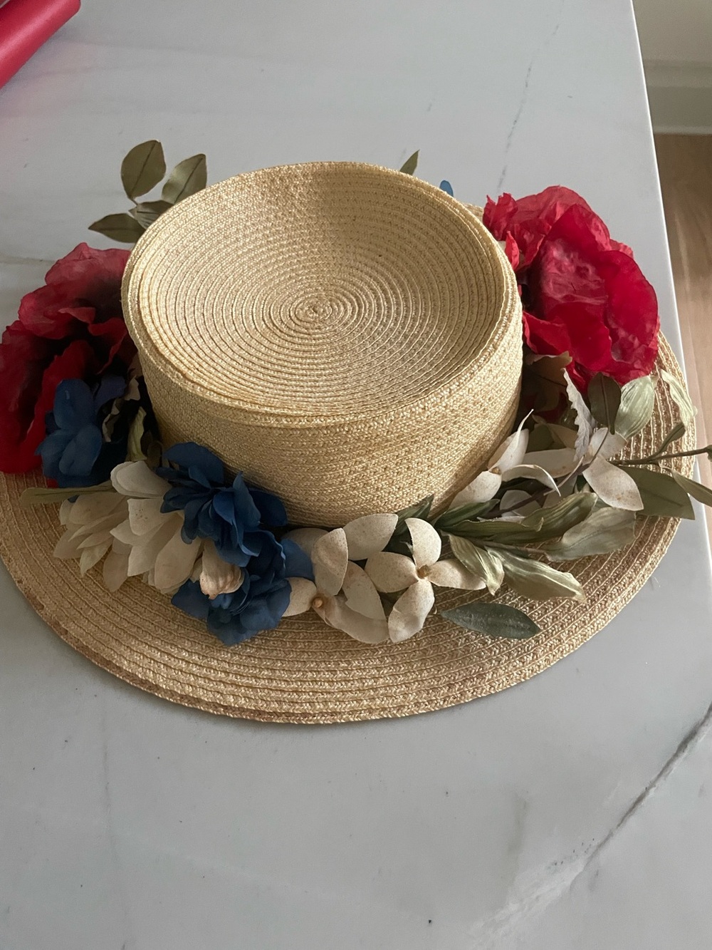 YSL Straw Boater Hat with Floral Trim - Natural Straw & Red/Blue Flowers